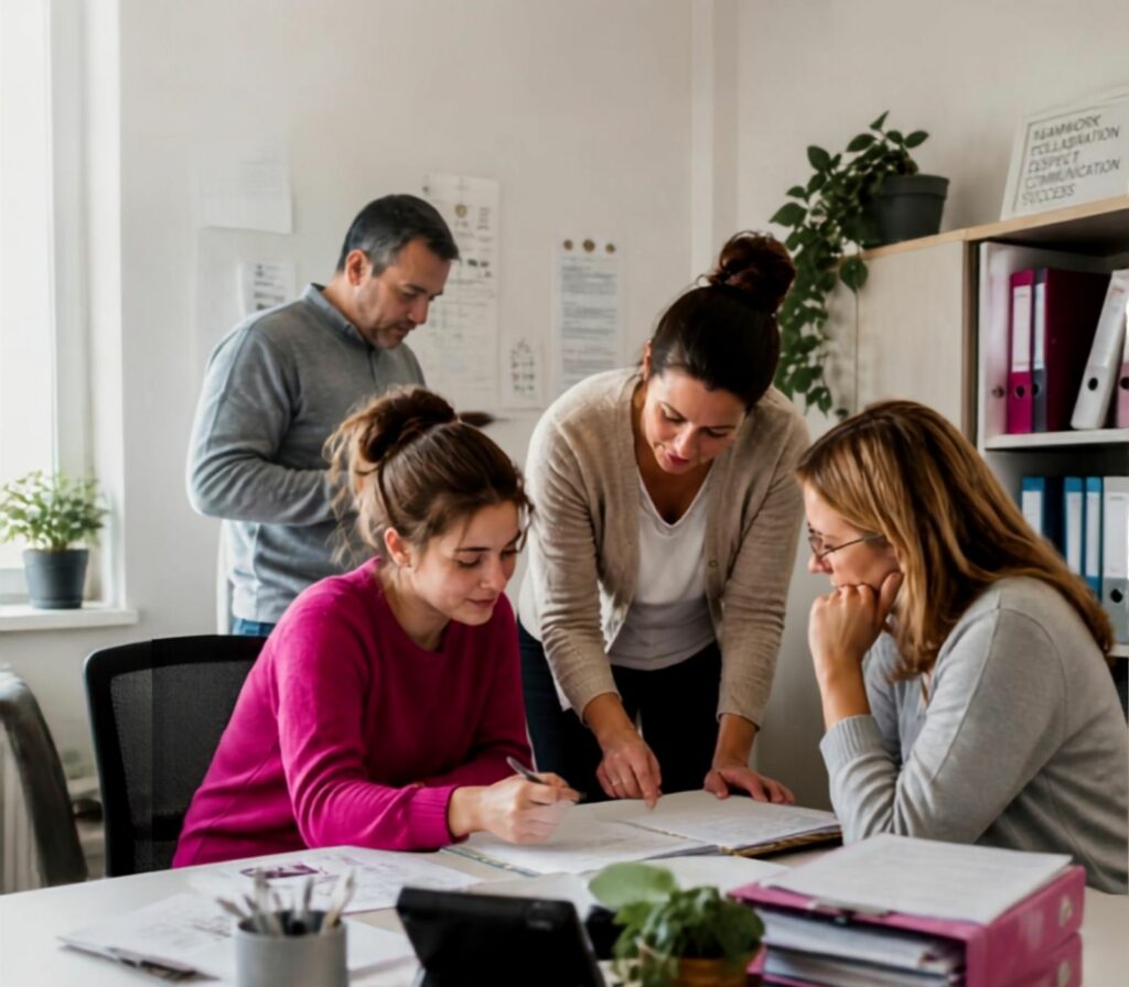 Des professionnels de Lannion-Trégor Solidarités échangent lors d’un temps de coordination entre les équipes d’aide et de soins à domicile.