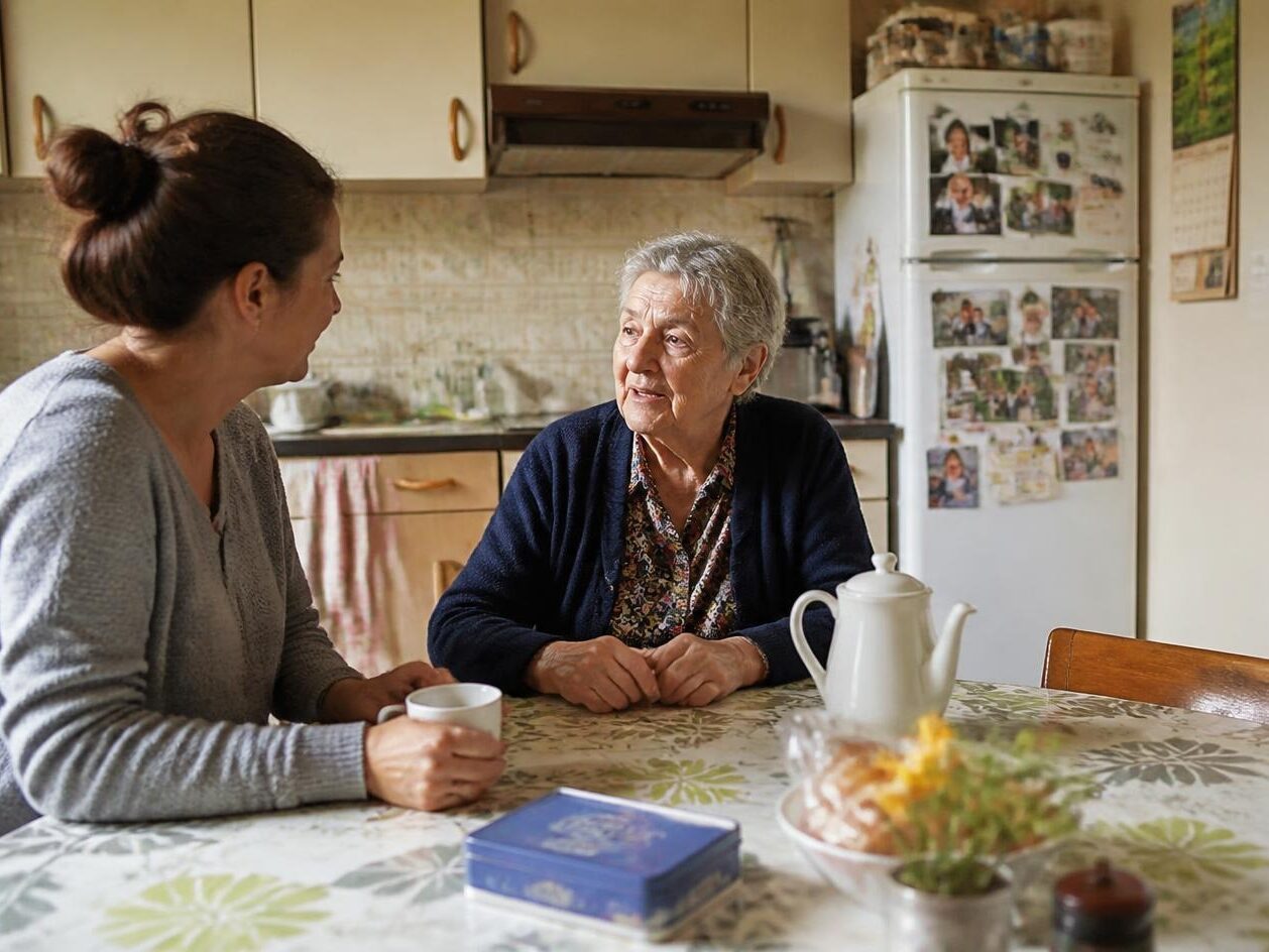 Une professionnelle de Lannion-Trégor Solidarités échange avec une personne âgée à son domicile dans une relation de confiance et de proximité.